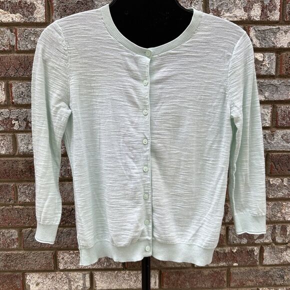 Ann Taylor Loft Cardigan Sweater Womens M Pale Mint Green 3/4 Sleeves Minimalist - Picture 1 of 9